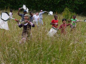 A group of children outdoors with nets